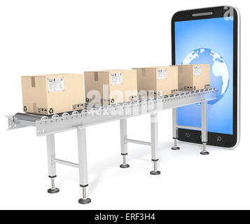 Industrial Conveyor with cardboard Boxes connected to Smartphone. Earth Globe on Backlit Screen. Stock Photo