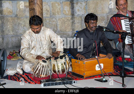 Rajasthani tabla and harmonium players. The musicians are Rafik Mohamed (left) and Barkat Khan. Stock Photo