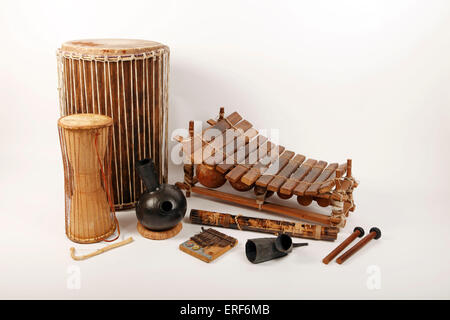 A collection of African musical instrument. Back row left to right - Doum Doum drum, African Marimba or Balafon, Front row - Stock Photo