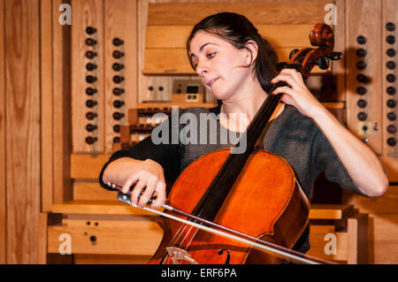 Natalie Clein playing cello during rehearsals at the Turner Sims Concert Hall in Southampton, Hampshire, England Stock Photo