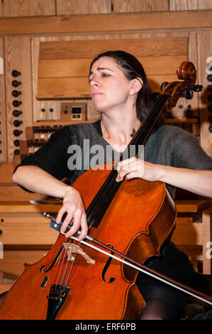 Natalie Clein playing cello during rehearsals at the Turner Sims Concert Hall in Southampton, Hampshire, England Stock Photo