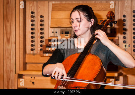 Natalie Clein playing cello during rehearsals at the Turner Sims Concert Hall in Southampton, Hampshire, England Stock Photo