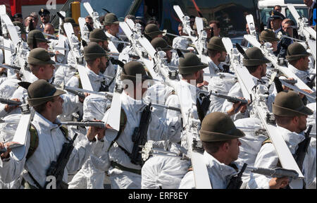 Rome, Italy. 2nd June, 2015. Military parade and flypast for the 69th Anniversary of the Italian Republic, Foro Imperiali, Skiers from the Alpine Regiment. Rome, Italy. 6/2/15 Credit:  Stephen Bisgrove/Alamy Live News Stock Photo