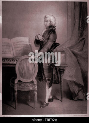 Wolfgang Amadeus Mozart standing by Clavichord. Austrian composer, 27 January 1756 - 5 December 1791.  Portrait by Hammann Stock Photo