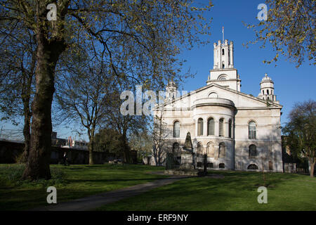 St George in the East is an Anglican Church dedicated to Saint George and one of six Hawksmoor churches in London, UK. It was built from 1714 to 1729. The name of the church was also the parish for the surrounding area, until subsumed into Metropolitan Borough of Stepney and abolished in 1927. The church was designated a Grade I listed building in 1950. Stock Photo