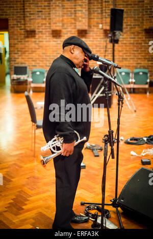 Hugh Masekela photographed during sound checks for his concert at the Turner Sims Concert Hall in Southampton, England. Stock Photo