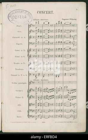 Paganini Violin Concerto No 1, op 6, orchestra version. Composed probably between 1817 and 1818. Niccolo ( or Nicolo ) Paganini, Italian violinist, violist, guitarist, and composer, 27 October 1782 – 27 May 1840. Stock Photo
