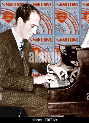 George Gershwin at piano. American composer and pianist; 1898-1937 with the score cover of The Man I Love, written by Gershwin, Stock Photo