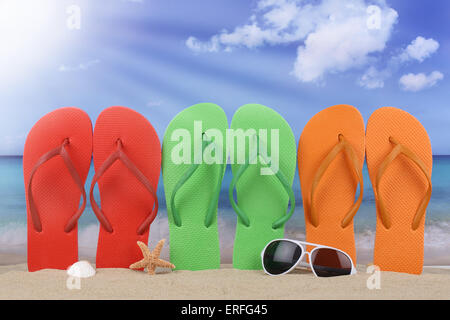 Beach scene with flip flops sandals in summer on vacation, holidays Stock Photo