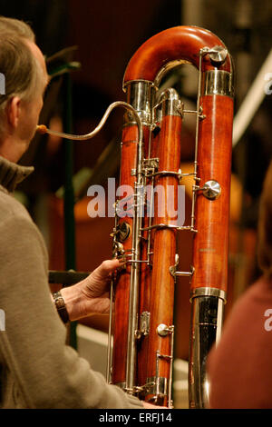 Contra Bassoon player in rehearsal. Stock Photo