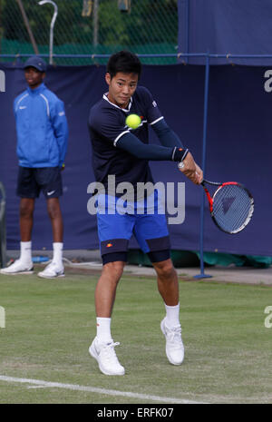 Manchester, UK. 02nd June, 2015. Aegon Manchester Trophy. Hiroki Moriya (Jap) in action during his men's singles 1st round match against local favourite Liam Broady (GB). Credit:  Action Plus Sports/Alamy Live News Stock Photo