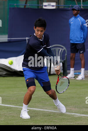 Manchester, UK. 02nd June, 2015. Aegon Manchester Trophy. Hiroki Moriya (Jap) in action during his men's singles 1st round match against local favourite Liam Broady (GB). Credit:  Action Plus Sports/Alamy Live News Stock Photo
