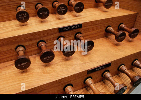 Stops for an organ, made of wood. Stock Photo