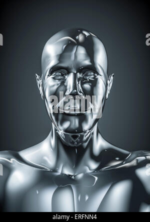 Chrome joy male, 3D render of smiling male cyborg Stock Photo