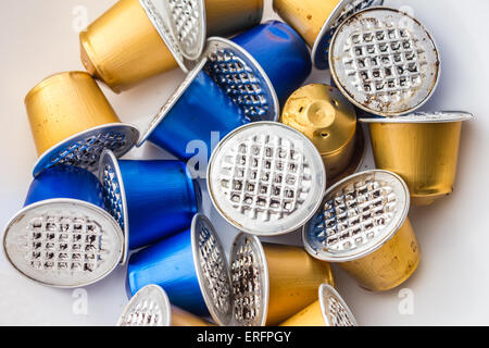 Spent or used empty Nespresso capsules, coffee capsules, aluminium capsules, raw material recycling Stock Photo