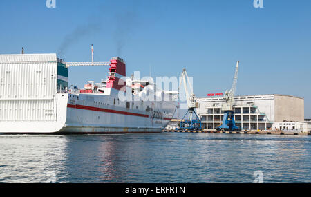 Burgas, Bulgaria - July 22, 2014: Big white cargo ferry moored in Fish port of Burgas, Bulgaria Stock Photo