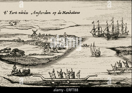 New Amsterdam - view of the Dutch colonial settlement that later became New York City. Caption reads: t' Fort Nieuw Amsterdam op de Manhatans. Also called the Hartgers View. Published by Joost Hartgers, Amsterdam, c. 1626. Stock Photo