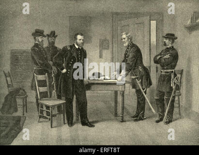 Surrender at Appomattox Courthouse - General Robert E. Lee's surrender of the Army of Northern Virginia to General Grant at Stock Photo