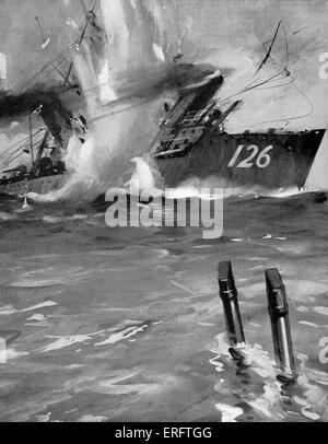 World War I- Submarine E9 sinking a German Destroyer. From  'The Red Book Of The War' by Herbert Strang. C.1916 Stock Photo