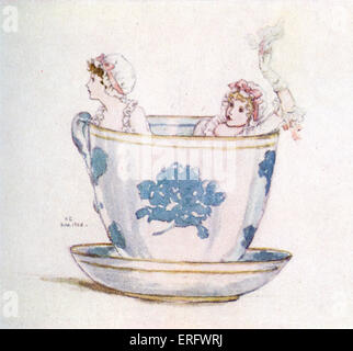 'A calm in a  tea-cup' by Kate Greenaway. Fanciful  water-colour painting of two girls wearing mob caps and ribbons in a tea Stock Photo