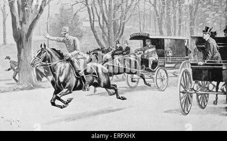 An accident in Central Park, New York, USA. Policeman on horseback makes way for the ambulance carriage. Late nineteenth-century illustration. Stock Photo