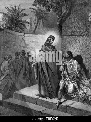 Jesus healing a man sick of the palsy. 'He said to the paralytic, 'Son, be of good cheer; your sins are forgiven you'. ' Matthew IX 2-7 Stock Photo