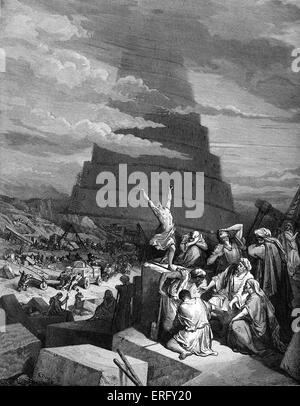 The Confusion of Tongues, (Tower of Babel). The people, distraught in front of the Tower of Babel, as God confuses human Stock Photo