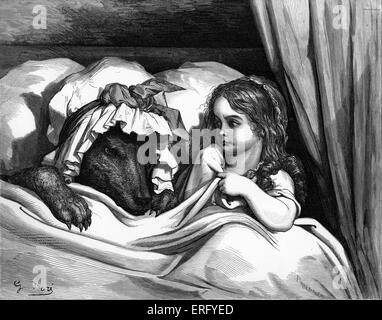 Charles Perrault 's, Little Red Riding Hood: Little Red Riding Hood with the wolf, engraving by Gustave Doré. Little Red Riding Hood sits in the bed next to the wolf, disguised in her grandmother 's night-cap. Drawn by Gustave Doré, French artist, b January 6, 1832 – January 23, 1883. Engraved by Pannemaker. From Charles Perrault 's Les Contes de Perrault / Perrault 's Fairy Tales; CP: French writer, b January 12,1628 – May 16, 1703. Stock Photo