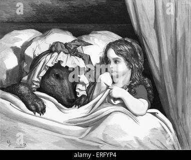 Charles Perrault 's, Little Red Riding Hood: Little Red Riding Hood with the wolf, engraving by Gustave Doré. Little Red Riding Hood sits in the bed next to the wolf, disguised in her grandmother 's night-cap. Drawn by Gustave Doré, French artist, b January 6, 1832 – January 23, 1883. Engraved by Pannemaker. From Charles Perrault 's Les Contes de Perrault / Perrault 's Fairy Tales; CP: French writer, b January 12,1628 – May 16, 1703. Stock Photo