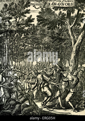 The Cruelty of Lolonois, engraving. (Jean-David Nau, François L'Olonnais, L'Olonnois, Lolona). The French buccaneer, Francis