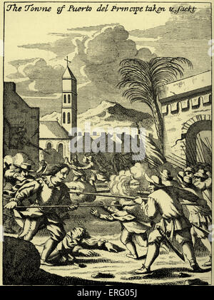 The Towne of Puerto del Principe taken & sackt', engraving. The Welsh privateer, Sir Henry Morgan, capturing and sacking Puerto del Principe, (present-day Camagüey, Cuba). HM: famous privateers in the Caribbean in the 1660s and 1670s, born c. 1635 – 1688/ 9 (?) Stock Photo