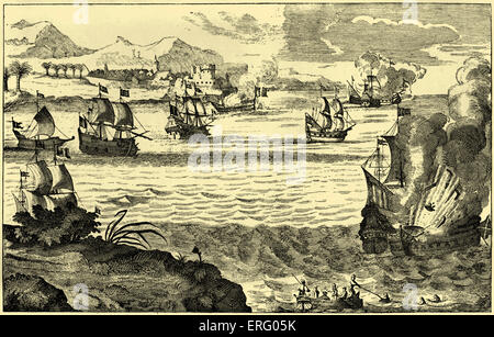 The Spanish Armada destroyed by Captaine Morgan, engraving. The Welsh privateer, Sir Henry Morgan,   attacking the Spanish Stock Photo
