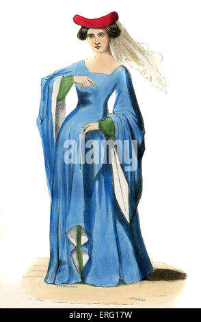 Young lady - female costume of the 14th century, shows a blue tailed dress with hanging sleeves and a birette hair style hat. Stock Photo