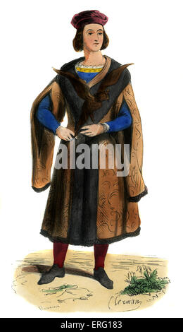 Louis IX, King of France, wearing velvet hat, brown fur-lined tunic with slit sleeves, a falcon perches on his left hand. 25 Stock Photo