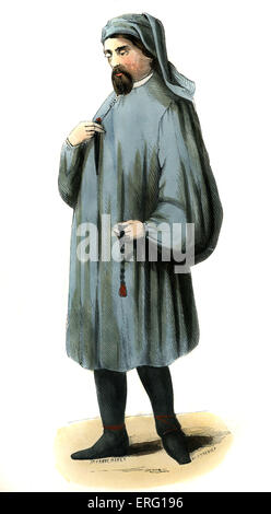 Geoffrey Chaucer - male costume, late 14th century. Wearing a light blue houppelande with matching hood, and holding prayer Stock Photo