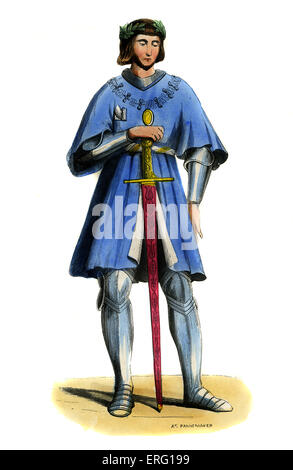 Gaston de Foix, Duke of Nemours (1489 - 1512) -  French male costume of 15th century. Wearing a blue surcoat over full armour, Stock Photo