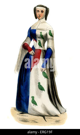 Woman' s costume based on one worn by Dauphine Anne of Auvergne, wife of Louis II (1357 - 1417). Wearing particoloured blue and white cotehardie with pattern that represents the Auvergne coat of arms. Her hair is styled in side-plaits with a caul. c. 1847 hand-painted copy of 14th century source. (Pannemaker) Stock Photo