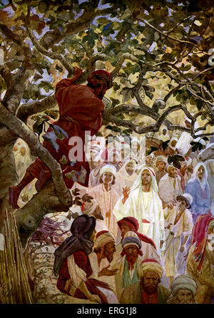 Jesus and Zacchaeus. Zacchaeus, wealthy publican and sinner, climbs a tree awaiting Jesus. 'Zacchaeus, make haste, and come Stock Photo