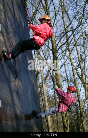 A girl abseiling down a climbing wall. The origin of the abseil is ...