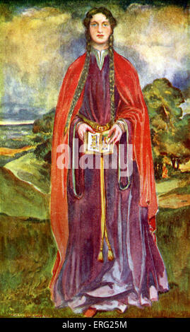 Woman 's costume in reign of Henry I  (1100 - 1135). Wearing a pendant sleeved gown with embroidered hem, tassled girdle and Stock Photo