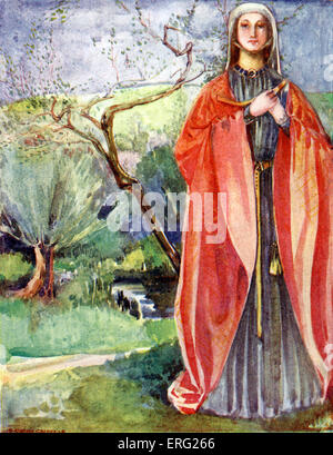 Woman 's costume in reign of John (1199 - 1216). Wearing a  diaper- patterned cloak, long -tongued leather belt, decorative Stock Photo