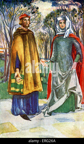 Couple 's costume in reign of Edward I (1272 -1307). Man wearing a yellow overcoat with decorative sleeves. Woman wearing a Stock Photo