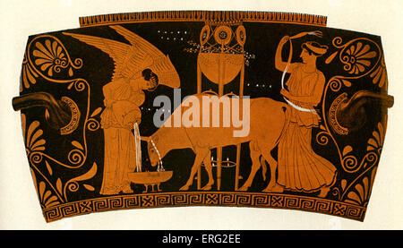 Greek red figure vase showing women caring for a sacrificial bull. Athenian, circa 5th century BCE. Stock Photo