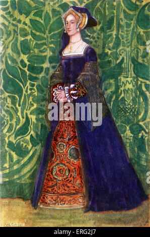 Woman 's costume in reign of Henry VIII (1509- 1547). Wearing a split square-necked gown with pendent sleeves, over an Stock Photo
