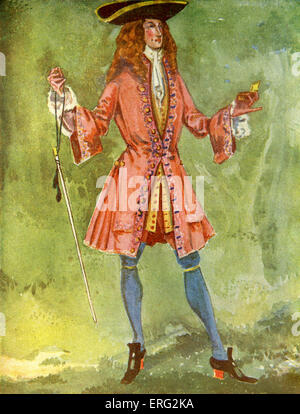 Man 's costume in reign of Anne I (1702 -1714). Wearing a frock coat with long waistcoat, cravat and stockings. Shoes have red heels, a tricorne hat is worn and snuff is held in the left hand. Illustrated and written by Dion Clayton Calthrop, 1875 - 1937 (1907). Stock Photo