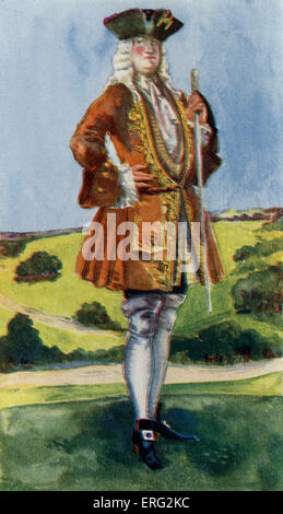Man 's costume in reign of George I (1714 -1727).  Wearing a tricorne hat, powdered periwig, frock coat and stockings rolled Stock Photo
