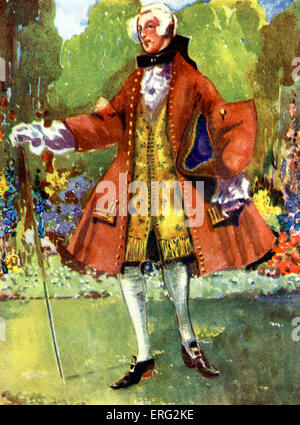 Man 's costume in reign of George II (1727 -1760).  Wearing a frock coat with very wide skirts, long waistcoat and black satin Stock Photo