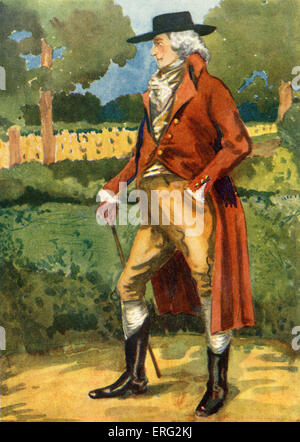 Man 's costume in reign of George III (1760 -1820).  Wearing a broad brimmed hat, tail coat, loosely tied cravat, breeches and Stock Photo