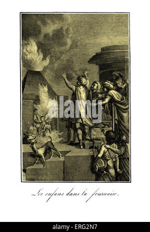 Shadrach, Meshach and Abednego survive the fire / furnace into which they are thrown by king Nebuchadnezzar due to the divine Stock Photo