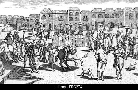 Goa, India, market scene 16th century.  During the Portuguese colonisation.  Engraving from 'Navigatio in Orientem', 1599.
